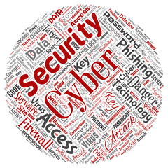 Vector conceptual cyber security online access technology round circle red word cloud isolated background. Collage of phishing, key virus, data attack, crime, firewall password, harm, spam protection