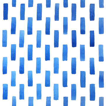 Fototapeta Watercolor geometric brick background in blue. Hand painted seamless pattern