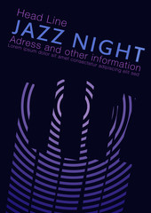 Jazz night dark purple and blue poster design with concentric circles and piano keys 