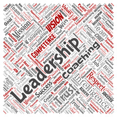 Vector conceptual business leadership strategy, management value square red word cloud isolated background. Collage of success, achievement, responsibility, intelligence authority or competence