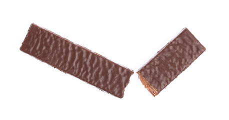 broken sweet chocolate waffles isolated on white background.
