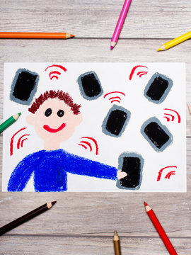 Photo of colorful drawing: A smiling boy surrounded by electronic devices, phones or tablets