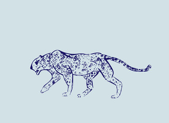 Cheetah. Hand drawn ink sketch. Horizontal drawing. Vector engraving. Predator line art. Line illustration. Blue colors. Safari concept.