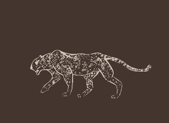 Cheetah. Hand drawn ink sketch. Horizontal drawing. Vector engraving. Predator line art. White line illustration isolated on dark brown background.