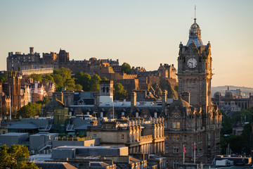 Edinburgh skyline and castle at sunset