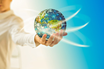 Earth from Space in hands, globe in hands Best Internet Concept of global business from concepts series. Elements of this image furnished by NASA. 3D illustration.