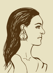 Beautiful woman with long black hair. Female face in profile. Fashion icon for Beauty salon. Profile of sensual young girl on beige background. Brown line drawing. Isolated vector illustration. EPS.