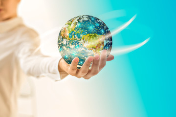 Earth from Space in hands, globe in hands Best Internet Concept of global business from concepts series. Elements of this image furnished by NASA. 3D illustration.
