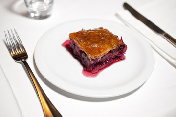 Delicious organic cherry pie served in restaurant