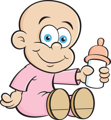 Cartoon illustration of a baby holding a baby bottle.