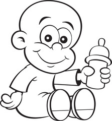 Black and white illustration of a baby holding a baby bottle.