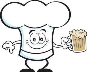 Cartoon illustration of a chef hat holding a beer.