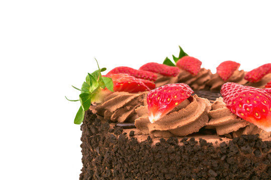 Closeup of a chocolate strawberry cake, on a white background