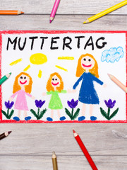 Colorful drawing - German Mother's Day card with words: Mother's day