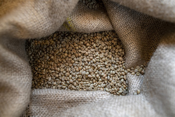Ungeröstete Kaffee Roh Bohnen in einem Kaffeesack aus Jute 