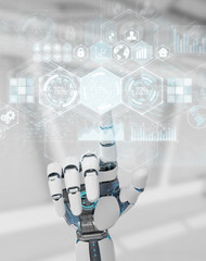 White cyborg hand using digital datas interface 3D rendering