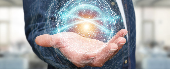 Businessman using digital network connection sphere 3D rendering
