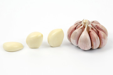 garlic head and cloves on white background