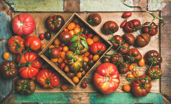 Flat-lay of fresh colorful ripe Fall or Summer heirloom, bunch and cherry tomatoes veriety on tray over painted rustic wooden background, top view. Local market seasonal produce