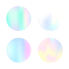 Gradient round set with holographic mesh. Minimal abstract gradient round set backdrops. 90s, 80s retro style. Pearlescent graphic template for brochure, flyer, poster, wallpaper, mobile screen.