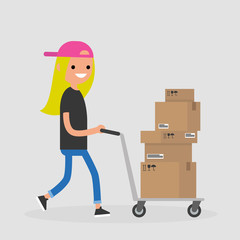 Young courier rolling a pushcart. Cargo. Delivery service. Flat editable vector illustration, clip art