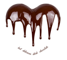 Chocolate in the form of heart. Melted chocolate syrup on white background. Liquid chocolate on a white background.