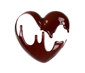 Chocolate in the form of heart. Melted chocolate syrup on white background. Liquid chocolate on a white background.