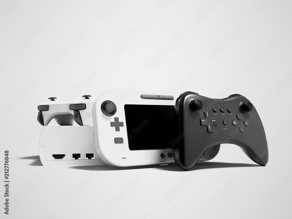 Poster modern game console with blackjack and white jazyk with portable game console 3d render on gray back