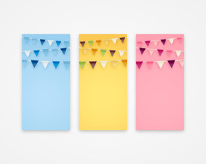 Colorful vector banners with party flags. Minimalistic vertical backgrounds set with party flags buntings perfect for banners design.