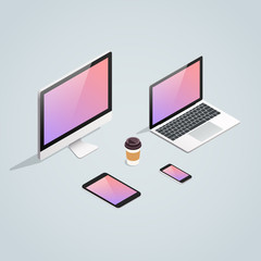 Isometric gadget device vector set. Computer PC monitor, laptop, smartphone, tablet and coffee cup realistic isometric icons.