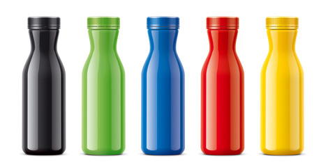 Bottles for juice, dairy drinks and other. Colored, not transparent version 