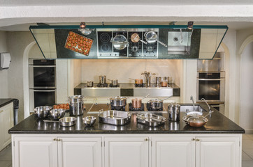 Cooking classes ready kitchen Professional set used to teach cooking using a top mirror for all to see