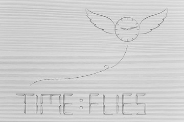 clock with wings going away and Time Flies text in digital alarm style