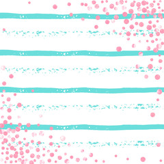 Pink glitter dots confetti on turquoise stripes. Falling sequins with metallic shimmer. Design with pink glitter dots for party invitation, event banner, flyer, birthday card.