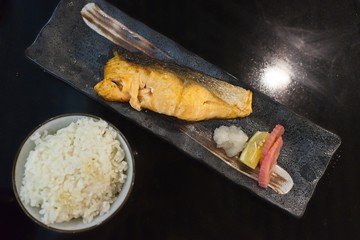 Top view and copy space, Delicious Japanese Food, Grilled Salmon Salt Fish Served with rice.