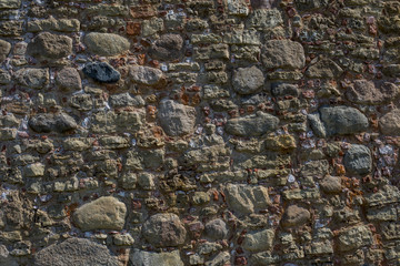 the wall of an old building lined with stones