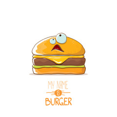 vector cartoon cute burger character with cheese, meat and salad icon isolated on white background. my name is burger vector concept illustration