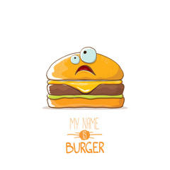vector cartoon cute burger character with cheese, meat and salad icon isolated on white background. my name is burger vector concept illustration