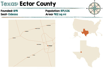 Detailed map of Ector county in Texas, USA.