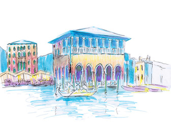 View of Venice, Italy. Hand drawn sketch. Colorful graphic illustration. Markers drawing.