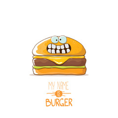 vector cartoon cute burger character with cheese, meat and salad icon isolated on white background. my name is burger vector concept illustration