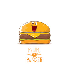 vector cartoon cute burger character with cheese, meat and salad icon isolated on white background. my name is burger vector concept illustration