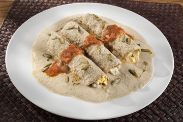 Mayan enchiladas called Papadzules. Typical Yucatan, Mexican dish called Papadzules made with Pumpkin seed sauce
