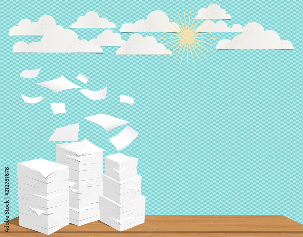 Poster stack of white sheets and flying paper in turquoise background with clouds and sun