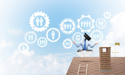 Concept of security and privacy protection with camera headed man meditating