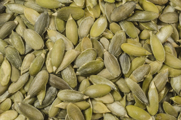 Pumpkin green seeds. Close up of directly above view of these tasty seeds