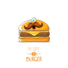 vector cartoon cute burger character with cheese, meat and salad icon isolated on white background. my name is burger vector concept illustration
