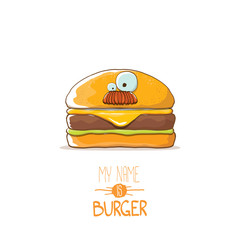 vector cartoon cute burger character with cheese, meat and salad icon isolated on white background. my name is burger vector concept illustration