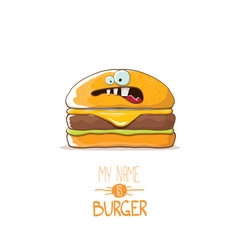 vector cartoon cute burger character with cheese, meat and salad icon isolated on white background. my name is burger vector concept illustration