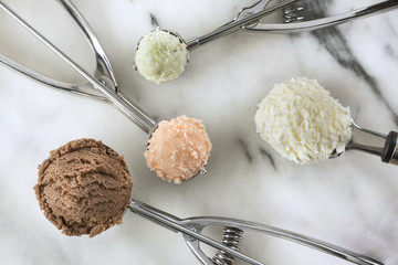 Top view of ice cream scoops. Assorted flavor frozen scoops